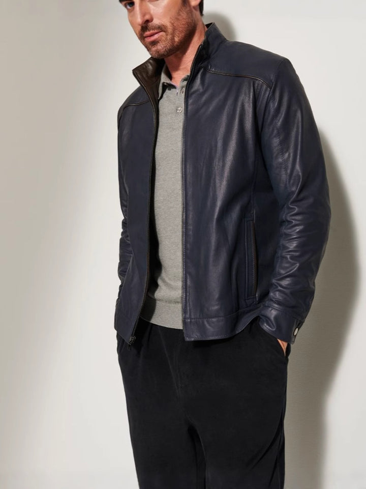 Men's leather jacket with elegant stand collar and side zippered pockets Lisslune