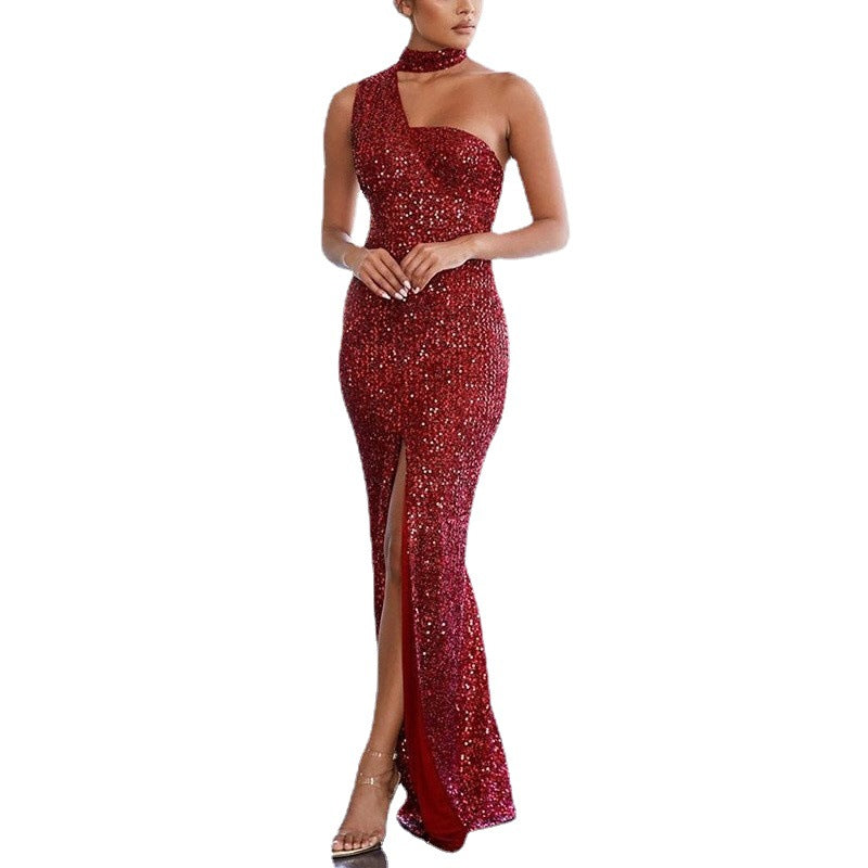 Ladies glamorous evening dress with asymmetrical design and sparkling sequins Lisslune