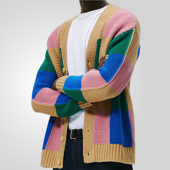 Men's cardigan with colorful block pattern and comfortable buttons Lisslune