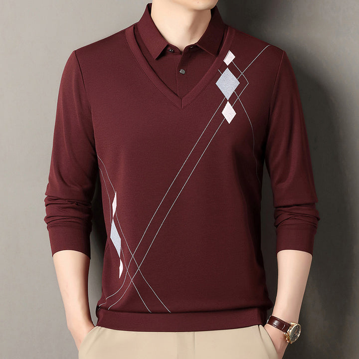 Men's elegant long-sleeved sweater with V-neck and modern pattern Lisslune