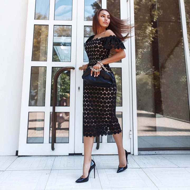 Women’s figure-hugging lace dress with off-shoulder design and voluminous puff sleeves Lisslune