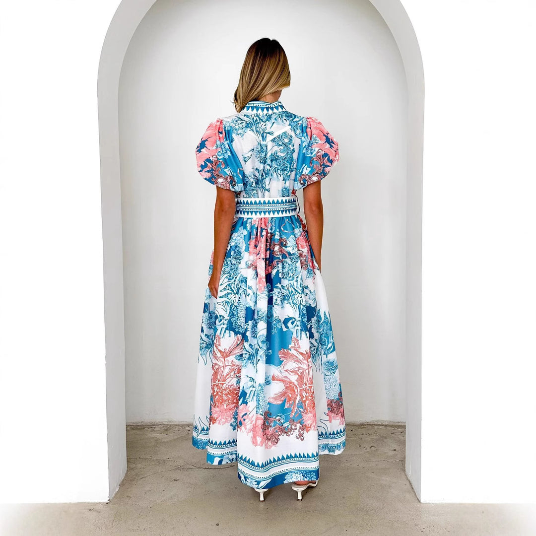 Women’s maxi dress with high collar and elegant puff sleeves Lune London