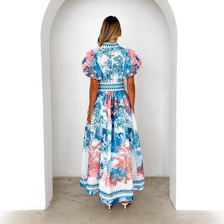 Women’s maxi dress with high collar and elegant puff sleeves Lune London