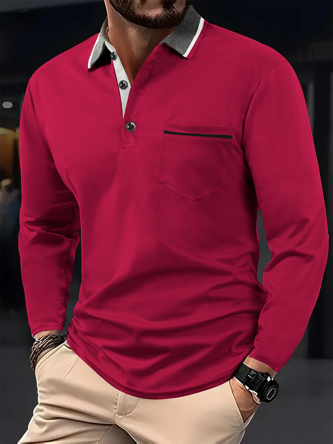 Men's Long Sleeve Polo Shirt with Textured Collar and Chest Pocket Lisslune