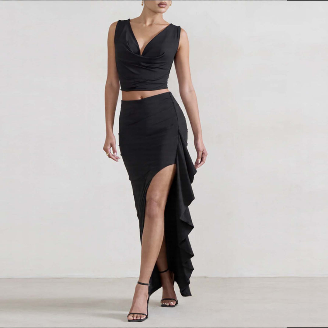 Damen Elegantes Crop-Top und Maxi-Rock Set mit hohem Schlitz Lisslune