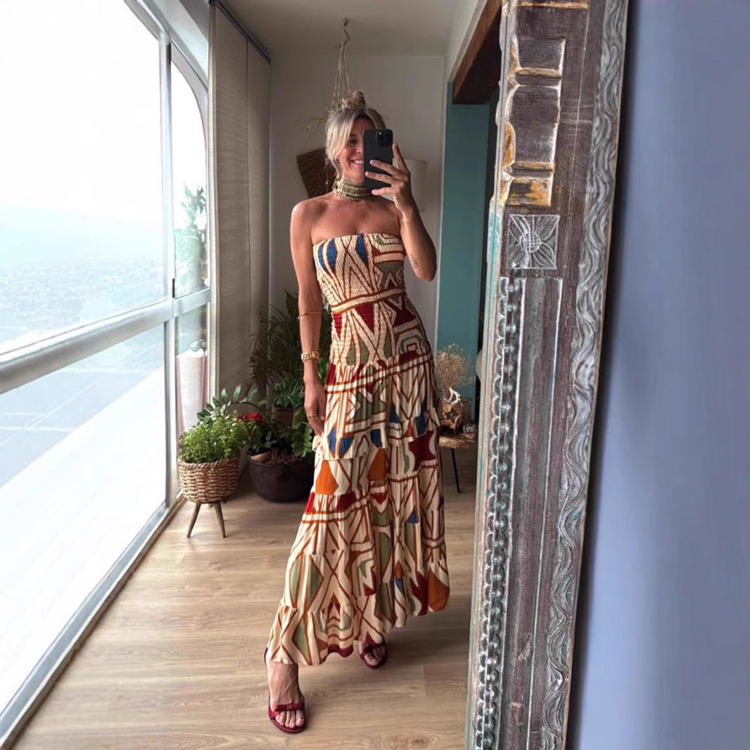 Women's maxi dress with sophisticated ruffle design and elastic waist insert Lune London