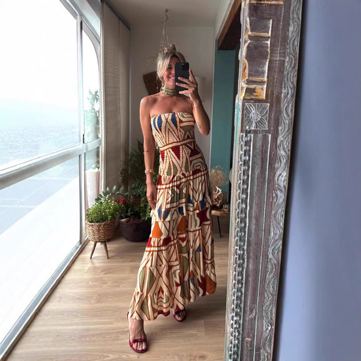 Women's maxi dress with sophisticated ruffle design and elastic waist insert Lune London