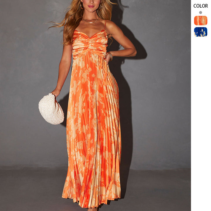 Women's maxi dress with fashionable pleats and elegant floral design