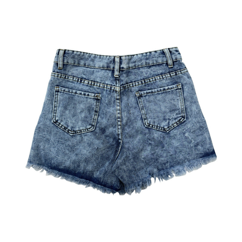 Women's destroyed denim shorts with frayed pockets and stylish patches Lisslune