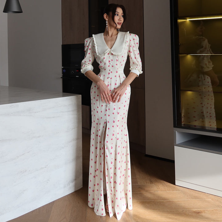 Ladies maxi dress with elegant collar trim and floral accents