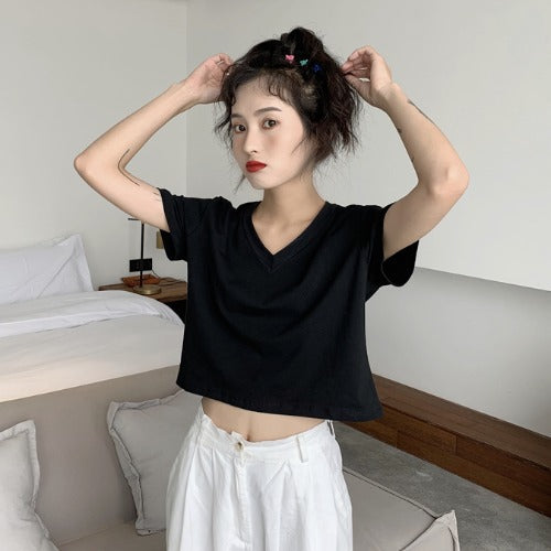 Women Short Sleeve T-Shirt with V-Neck and Casual Cut
