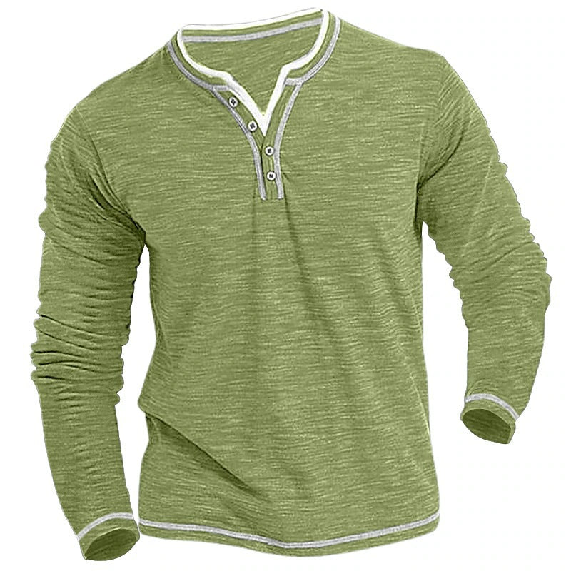 Men's Long Sleeve Henley Shirt with Contrast Stitching Lisslune