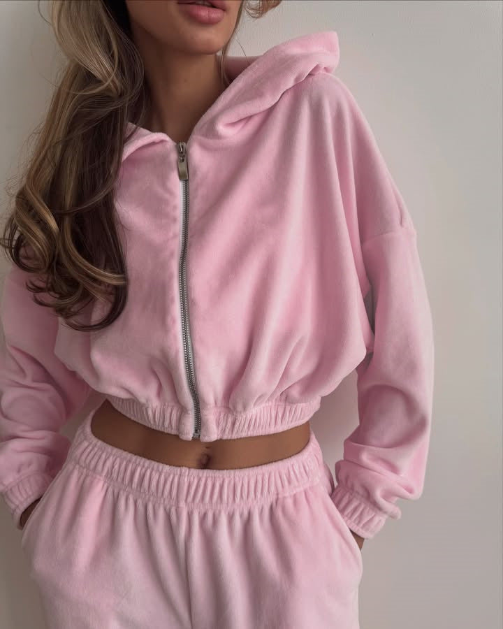 Women's Sporty Fleece Set with Zipper and Elastic Waistband Lisslune