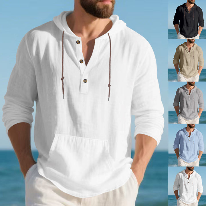 Men's casual hooded top with button placket and practical kangaroo pocket Lisslune