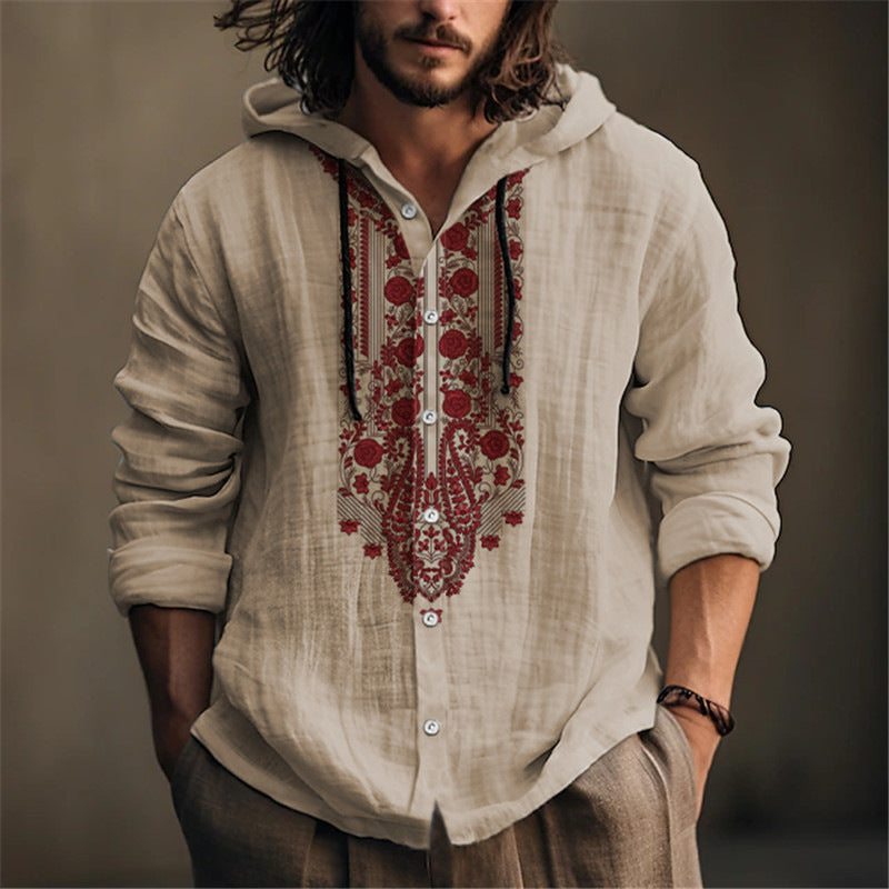 Men's hooded blouse with elaborate floral embroidery and modern cut Lisslune