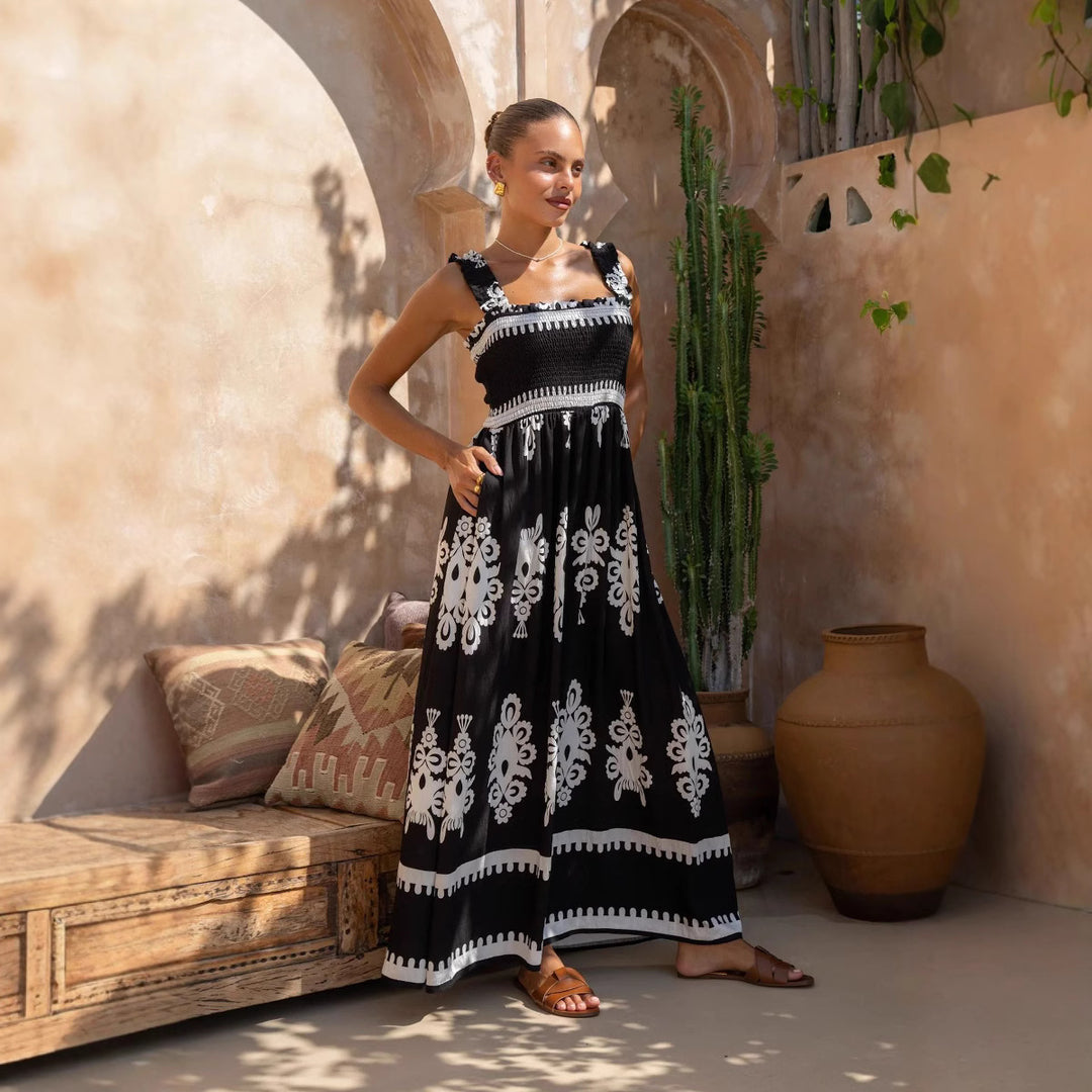 Ladies max dress with elastic top and detailed pattern Lune London