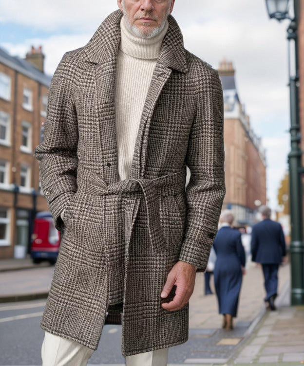 Men's elegant trench coat with modern check pattern and waist belt Lisslune