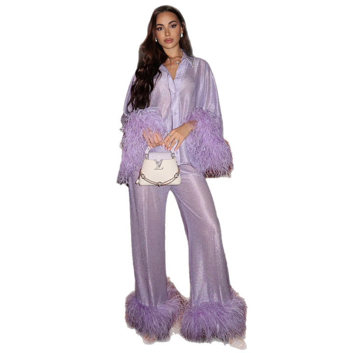 Women's Glamorous Two-Piece Set with Feather Details and Shiny Fabric Lisslune