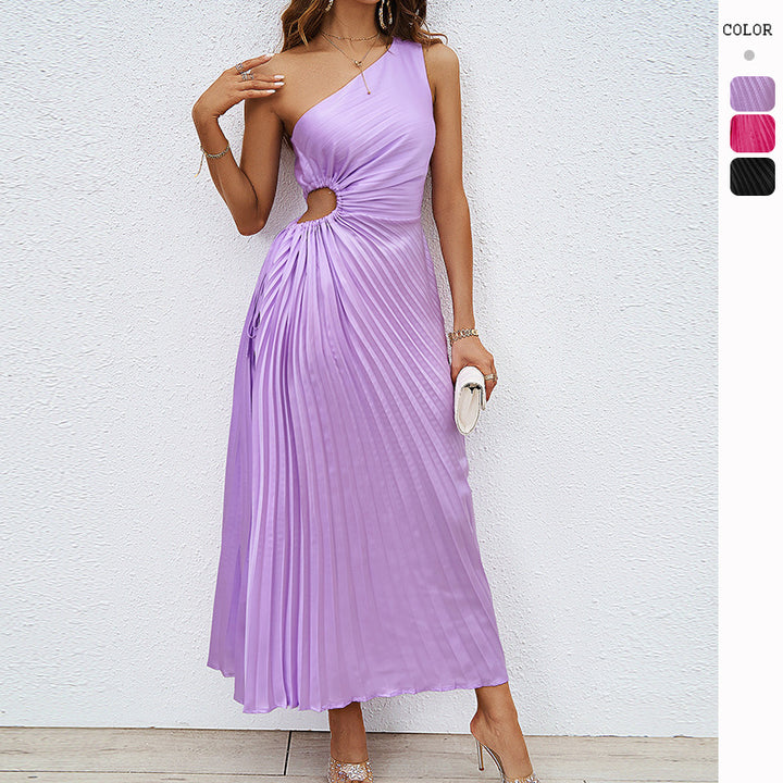 Women's Long Wrap Dress with Asymmetric Neckline and Pleated Design