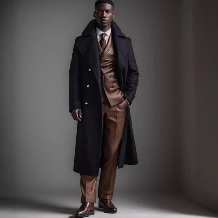 Men's elegant long coat with double-breasted button row and wide lapels Lisslune