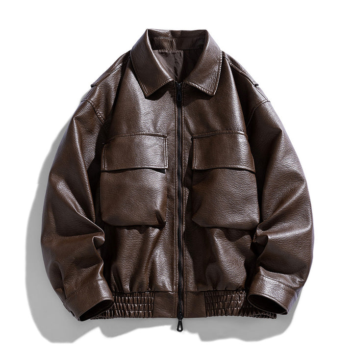 Men's Casual Synthetic Leather Jacket with Practical Pockets and Elastic Waistband Lisslune