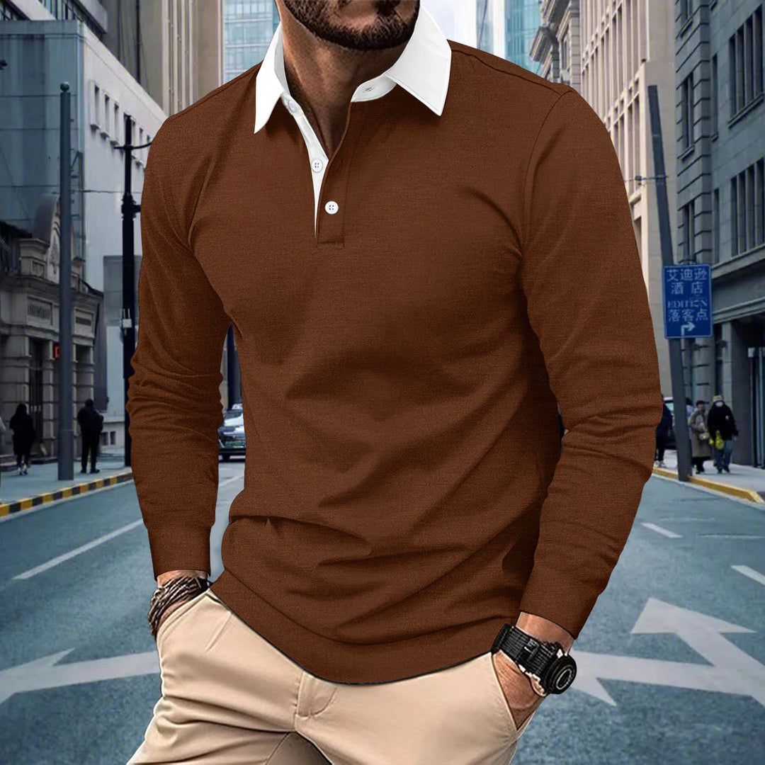 Men's Long Sleeve Polo Shirt with Contrasting Collar Lisslune
