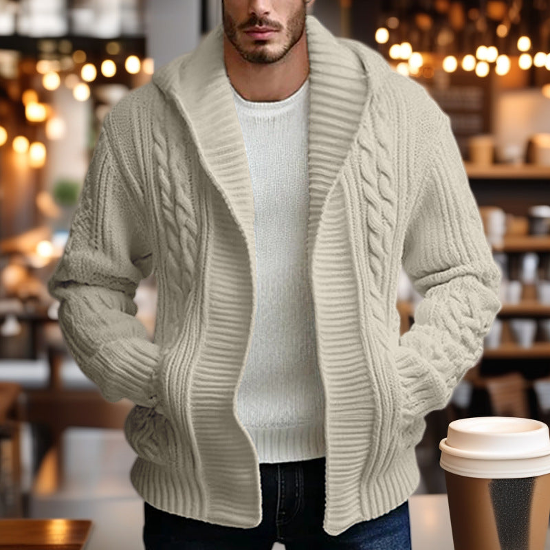 Men's chunky knit cardigan with wide collar and cable pattern Lisslune