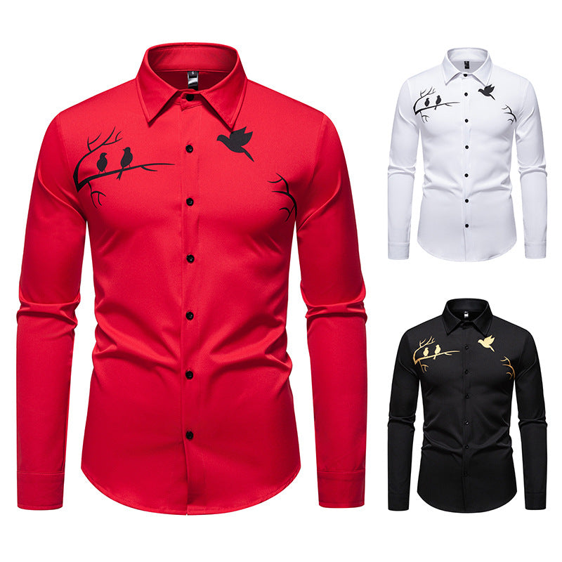 Men's Long Sleeve Shirt with Artistic Bird Motif Lisslune