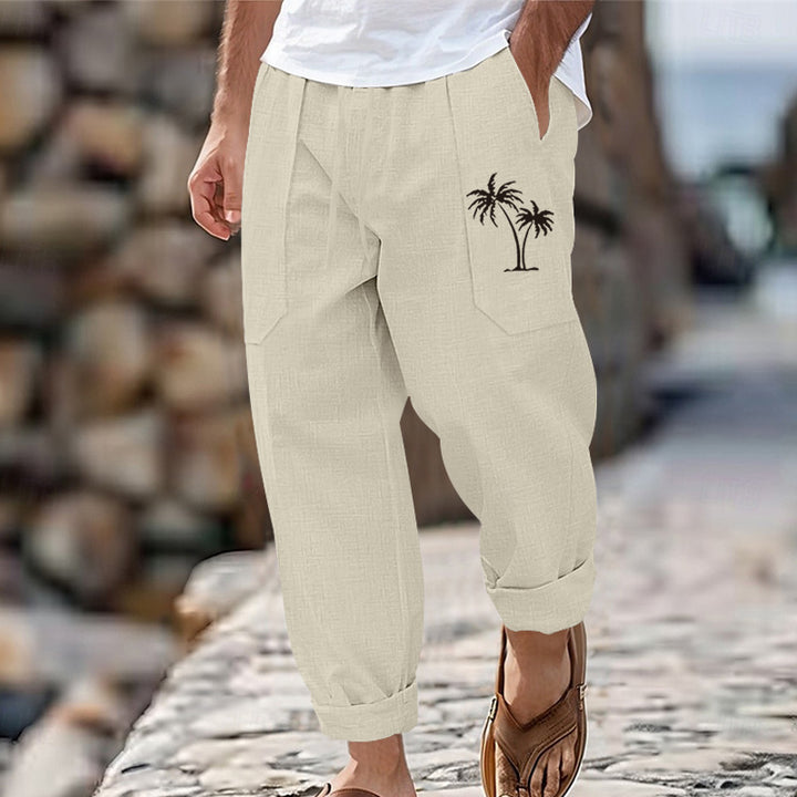 Men's airy linen cargo pants with practical pockets and palm embroidery Lisslune