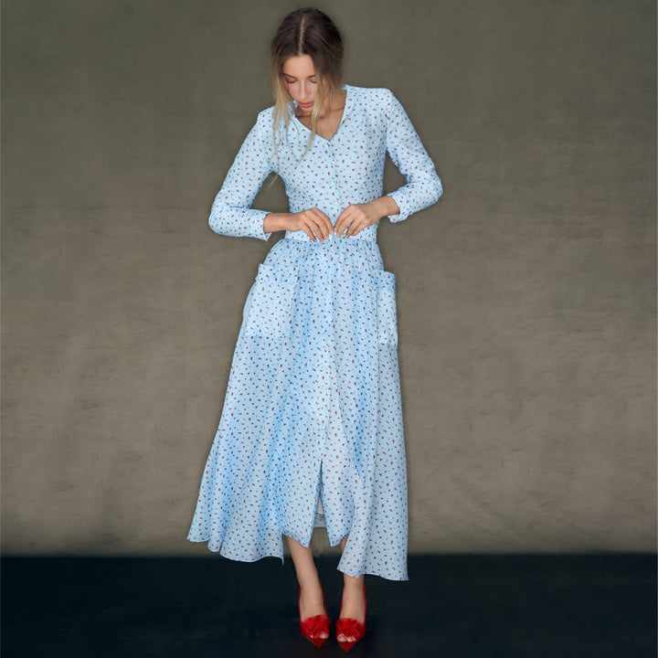 Women's Maxi Silhouette Dress with Elegant Ruffle Details and Button Placket Lisslune