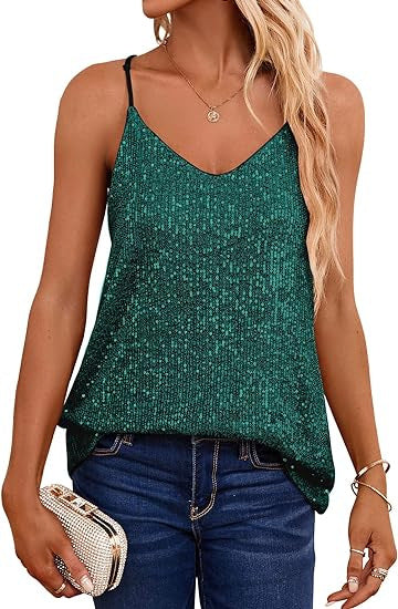 Women's Sparkling Spaghetti Strap Top with V-Neck and Shimmering Details Lisslune