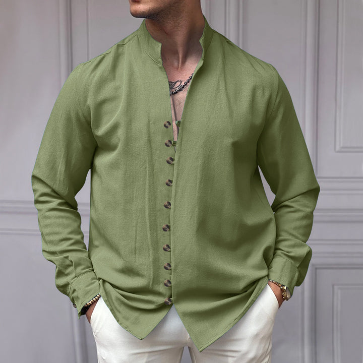 Men's long sleeve shirt with stand-up collar and stylish button details Lisslune