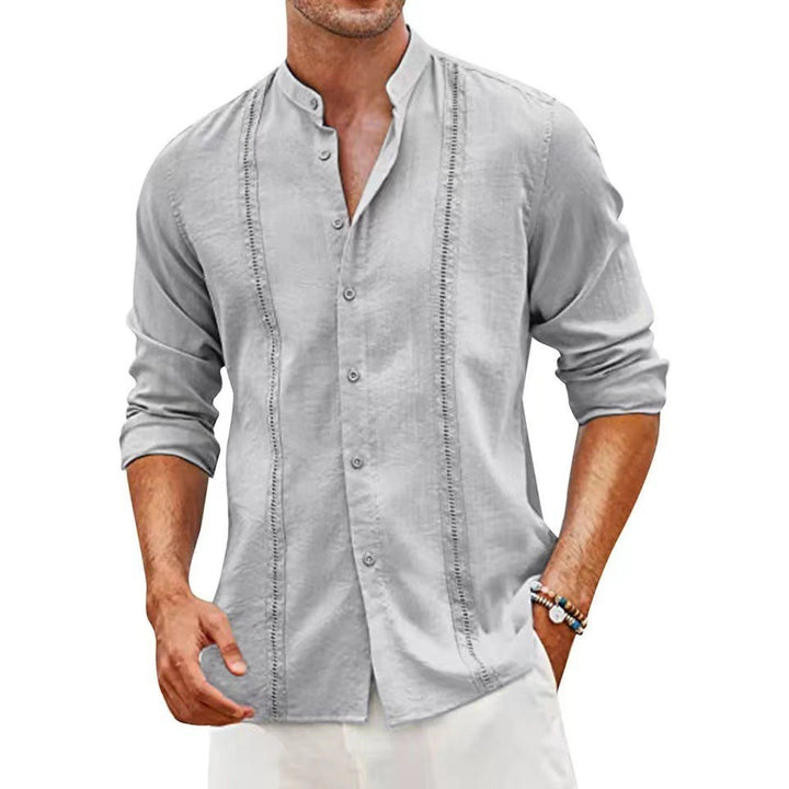 Men's Long Sleeve Linen Shirt with Stand Collar and Fine Embroidery Details Lisslune