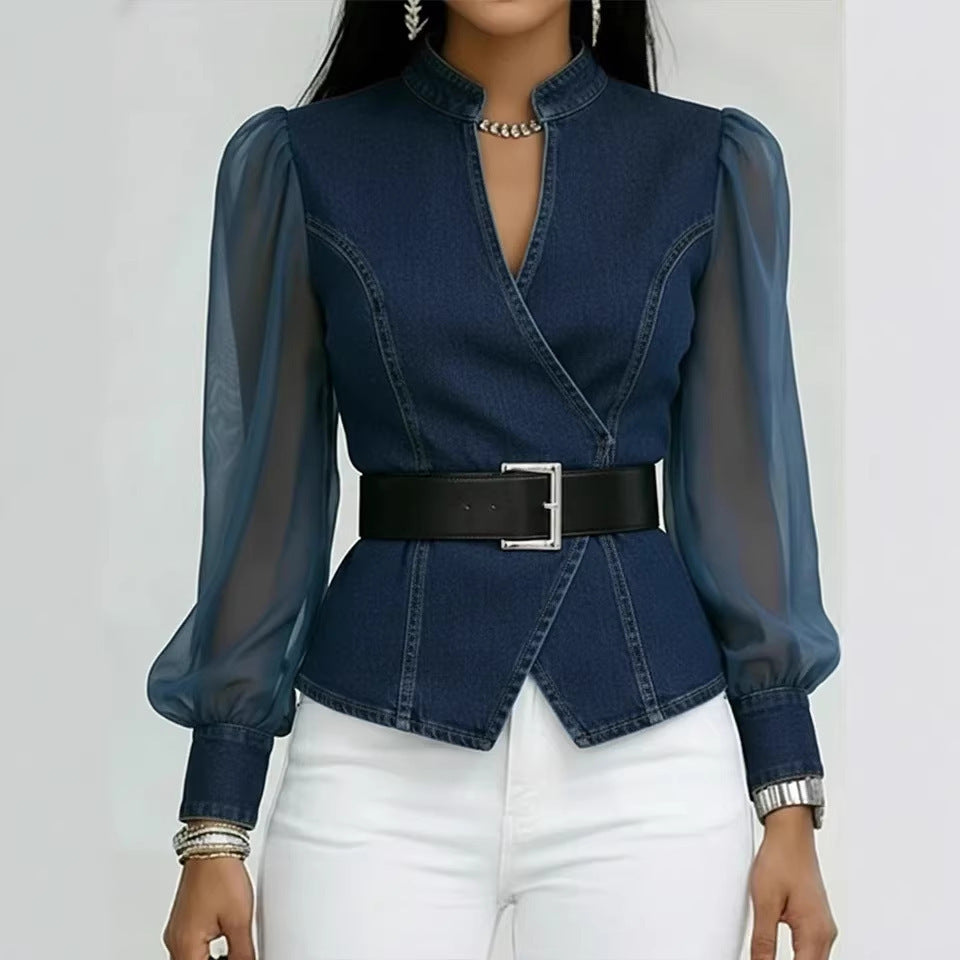 Women’s jeans blouse with transparent sleeves and tailored design Lisslune