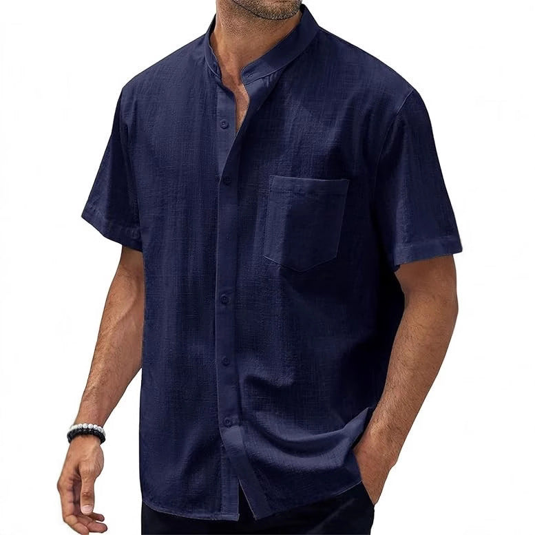 Men's short-sleeve shirt with modern standing collar and practical chest pocket Lisslune 1759193085