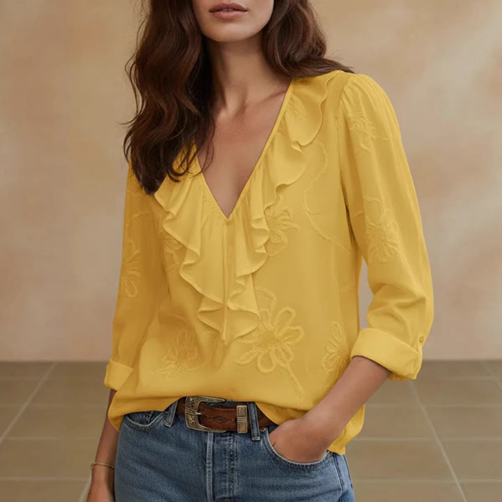 Damen elegante Bluse mit Volant und floralem Stickmuster Lisslune