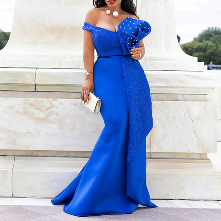 Women's evening maxi dress with off-shoulder design and luxurious lace appliqués Lisslune
