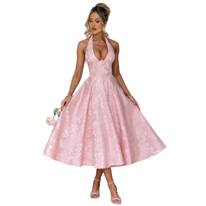 Women's Elegant Halter Neck Midi Dress with Detailed Lace Processing Lisslune