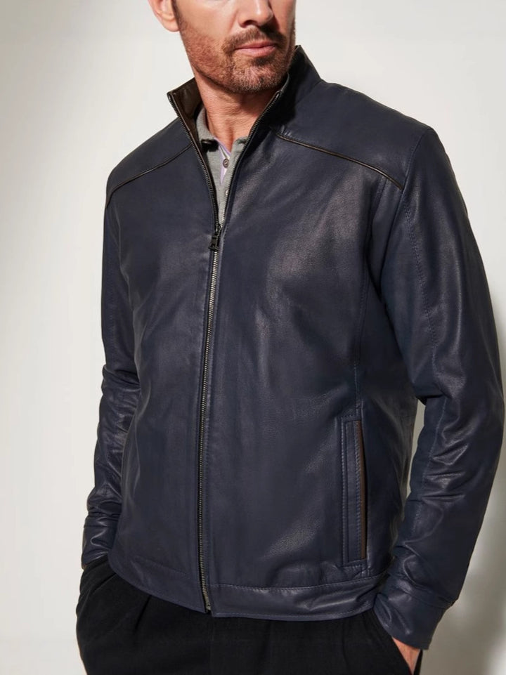 Men's leather jacket with elegant stand collar and side zippered pockets Lisslune