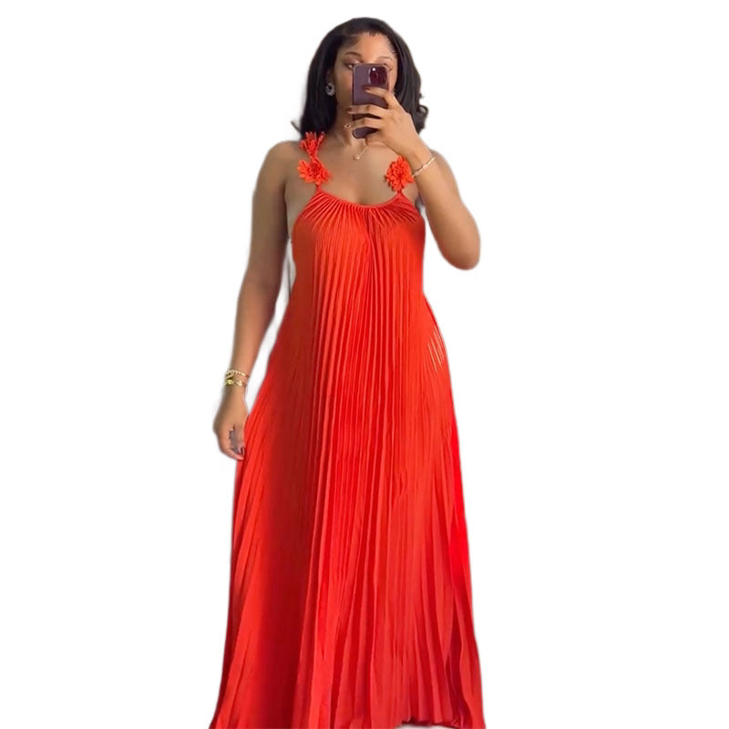 Damen Elegantes Maxikleid mit lässigem Faltenwurf und dekorativen Schulterblüten Lisslune