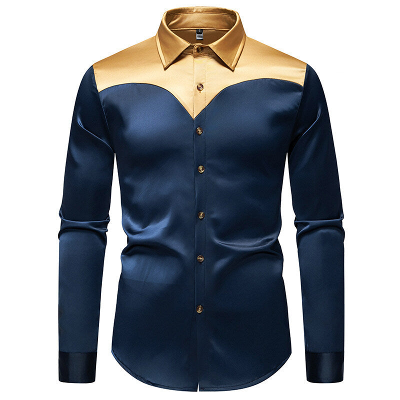 Men's Elegant Shiny Long Sleeve Shirt with Contrasting Collar Lisslune