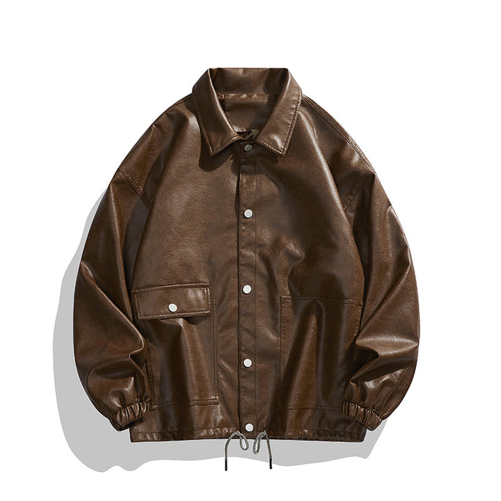 Men's Casual Synthetic Leather Jacket with Practical Snap Buttons and Elastic Waistband Lisslune