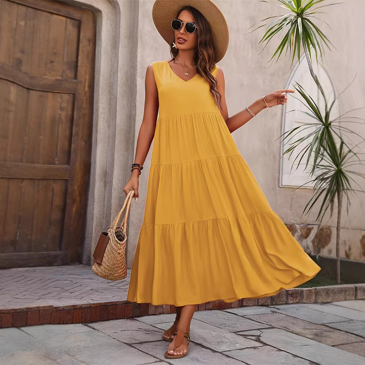 Damen Elegantes Sommer-Maxi-Kleid mit voluminösem Rock und V-Ausschnitt Lisslune