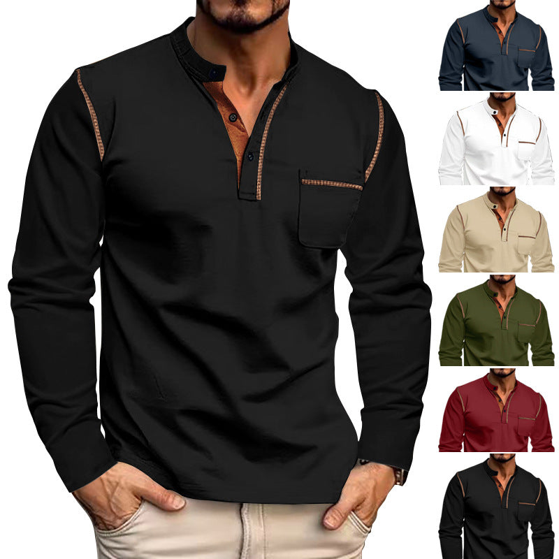 Men's long sleeve shirt with casual stand-up collar and contrasting accents Lisslune