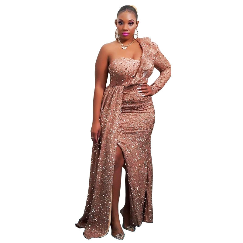 Women's Sparkling Evening Dress with Asymmetrical Design and Flowing Skirt