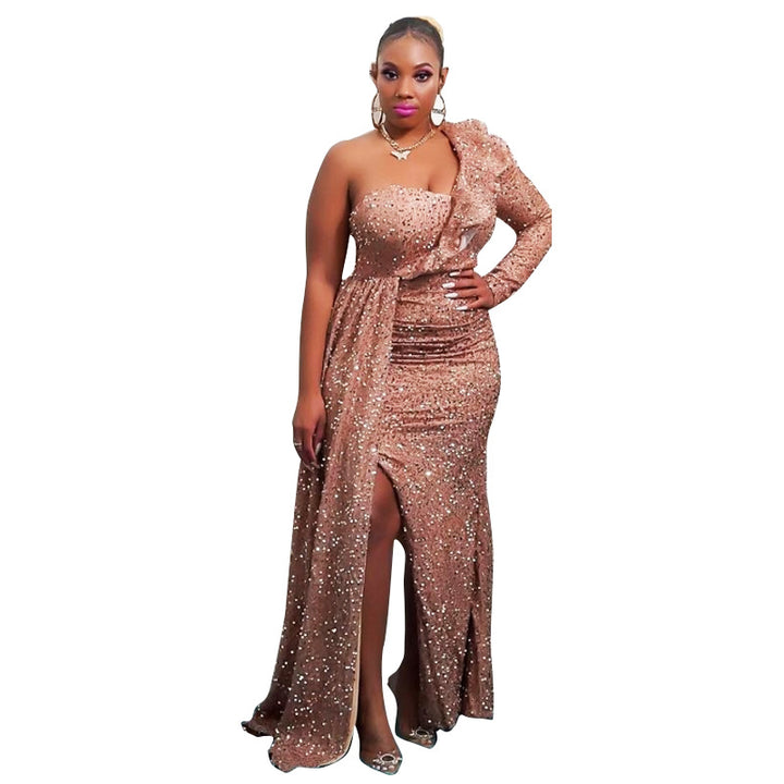 Women's Sparkling Evening Dress with Asymmetrical Design and Flowing Skirt