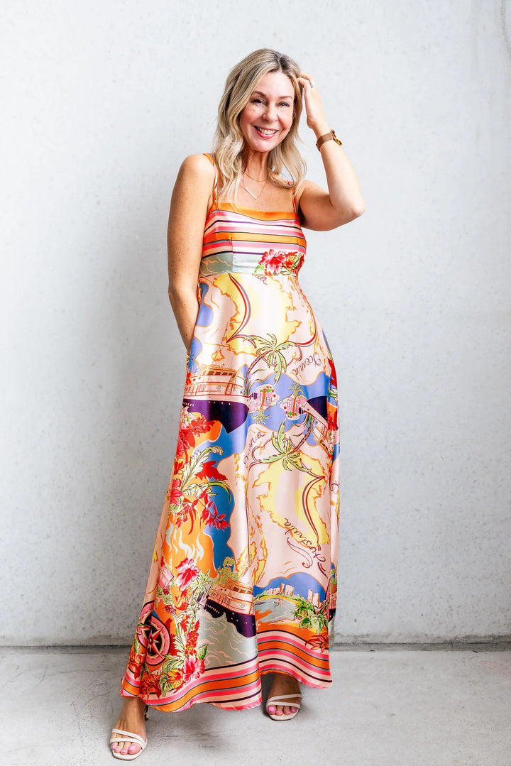 Women's maxi dress with exciting graphic print and playful design