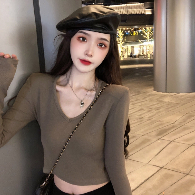 Women Cropped Long Sleeve Shirt with Fashionable V-Neck and Comfortable Materials Lisslune