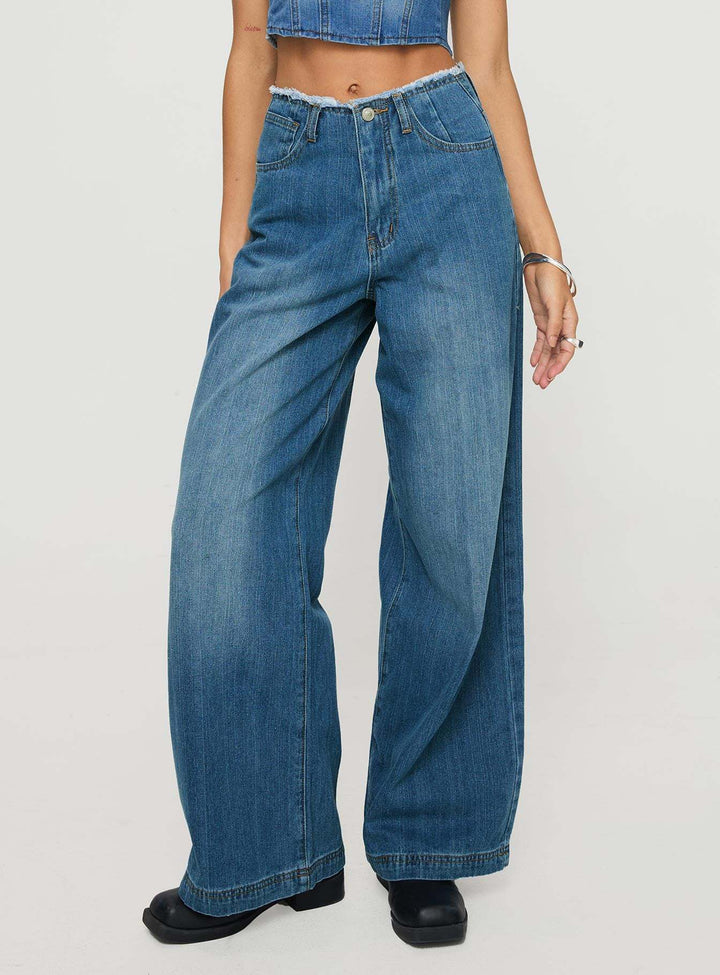 Damen weite Denim-Jeans mit hohem Bund und fransigem Saum Lisslune