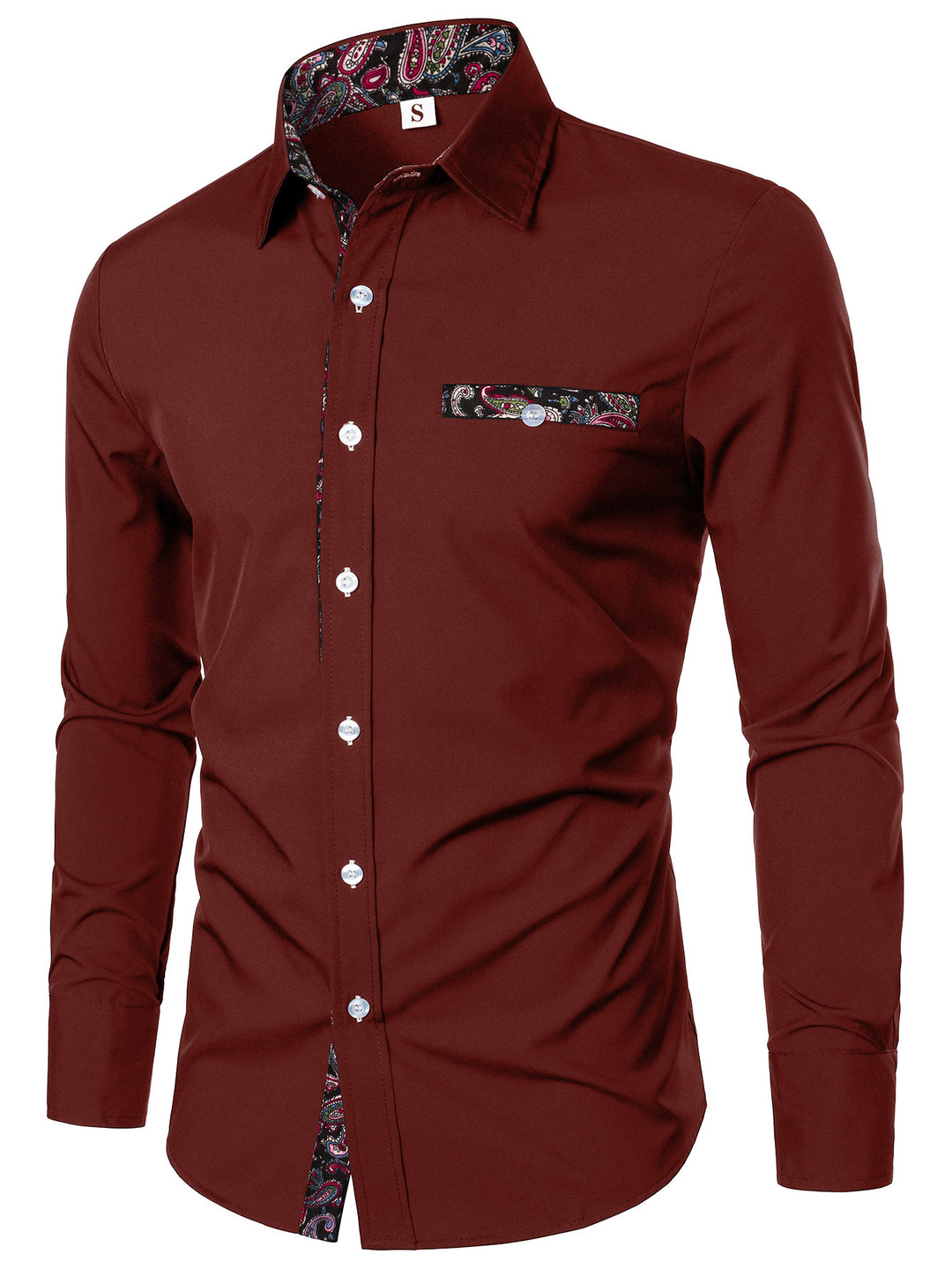 Men's long-sleeve shirt with paisley pattern on the collar's inner side Lisslune
